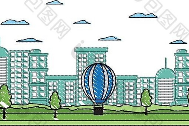 涂鸦建筑城市建筑与气球