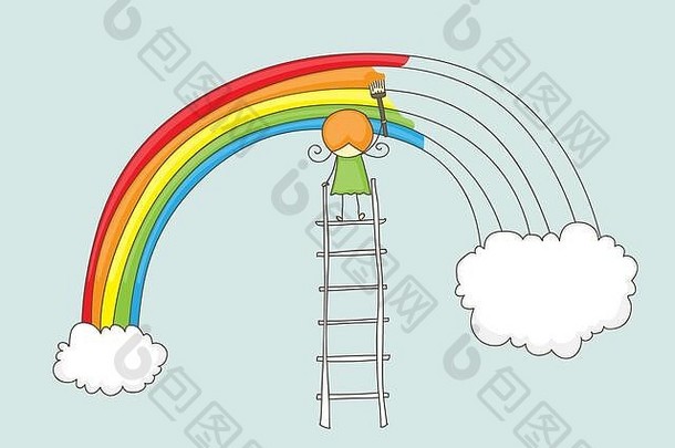 一个女孩在梯子上的两朵云之间画彩虹的可爱涂鸦
