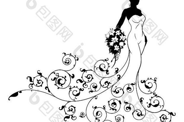 一个新娘婚礼剪影设计，新娘穿着白色婚纱，手持一束带有抽象f