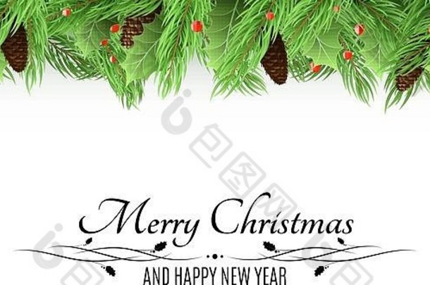 圣诞背景。白色背景上有新鲜的冷杉树和雪果的香味。带装饰的黑色文本。冷杉球果。新年快乐。维克托