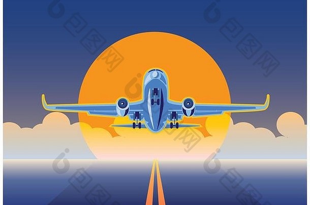 关于物流和航空运输的程式化插图。一架货机在初升的太阳光中降落