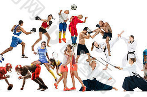 关于跆拳道、足球、美式足球、合气道、橄榄球、柔道、击剑、羽毛球、网球和拳击的运动拼贴，背景为白色
