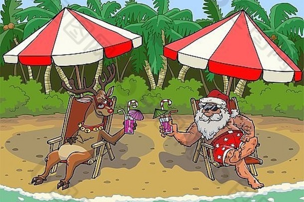 热带岛屿上的圣诞老人和驯鹿鲁道夫