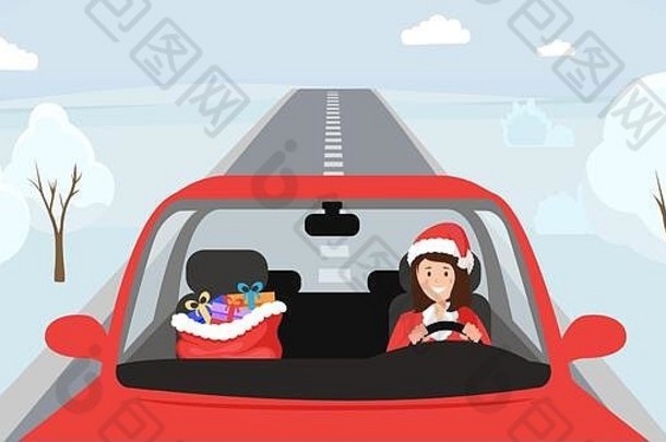 女孩圣诞老人老人他开车车女人圣诞节服装坐着前面座位汽车大袋礼物女司机字符节日x-mas服装冬天雪路