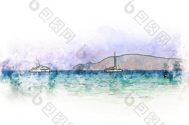 摘要以泰国海上软浪和快艇为水彩插画背景。