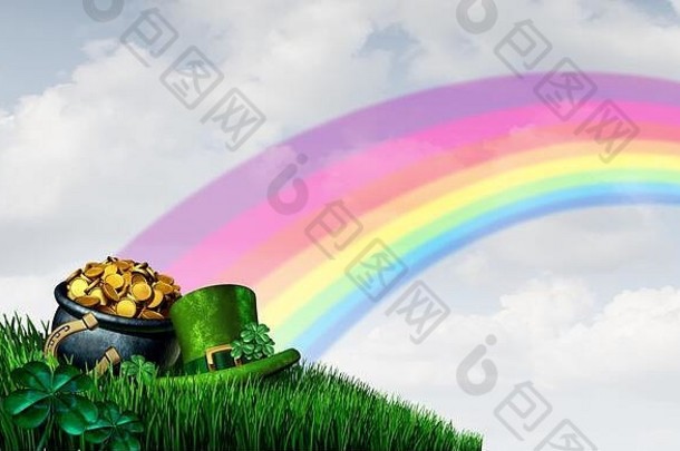 幸运的能黄金彩虹圣帕特里克一天假期象征三叶草叶子运气爱尔兰马蹄草插图