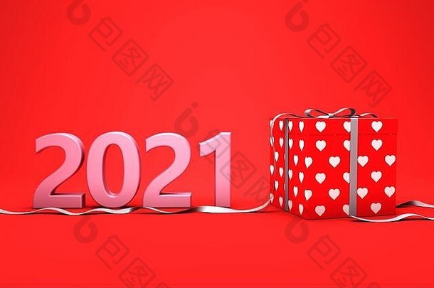 新年2021创意设计概念与礼品盒- 3D渲染图像