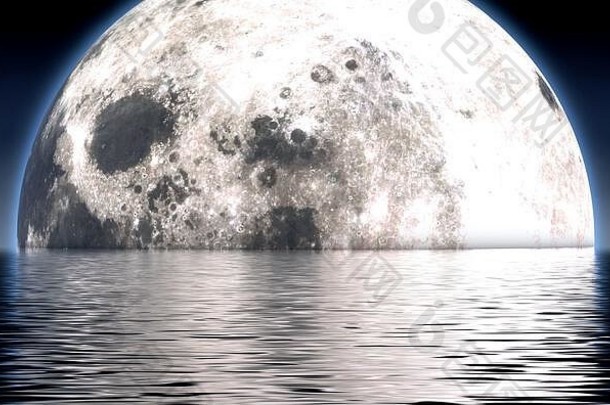 在平静的水面上眺望，满月在夜间升起在地平线上-3D渲染