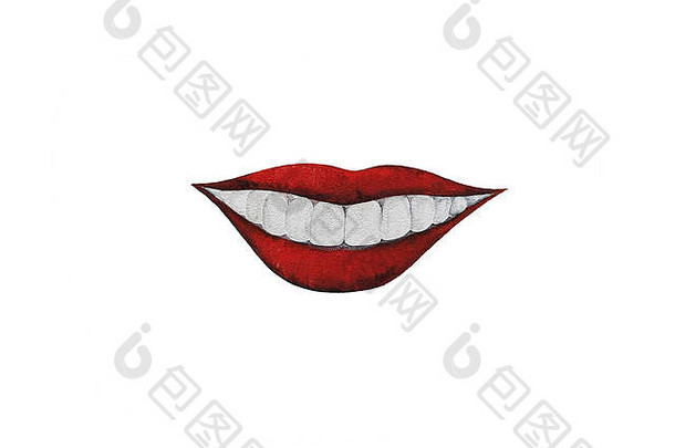 红嘴唇，带着吻和牙齿。插图隔离
