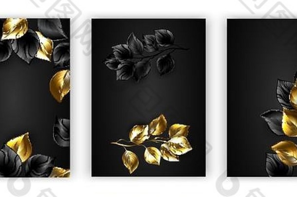 集合设计珠宝黑色的黄金树枝黑色的背景金叶子
