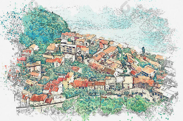 水彩草图插图视图小沿海小镇黑山共和国