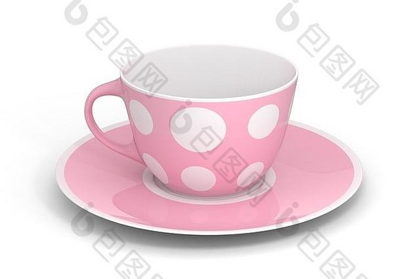茶碟上的独立空古典瓷白茶杯，白色背景上有简单的粉红案。模拟餐具。三维插图。
