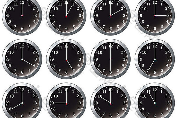 黑色办公室挂钟，用银框显示一天中的每一个小时