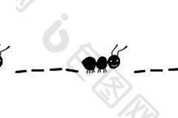 手绘蚂蚁的无缝边框。黑工蚁在行进。可爱的蚂蚁重复边界。工作组概念。昆虫插图