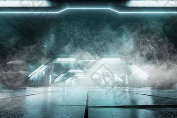 烟冰蓝色的未来主义的三角形外星人宇宙飞船霓虹灯发光的黑暗长大大厅走廊隧道难看的东西混凝土反光平铺的地板上盖茨空