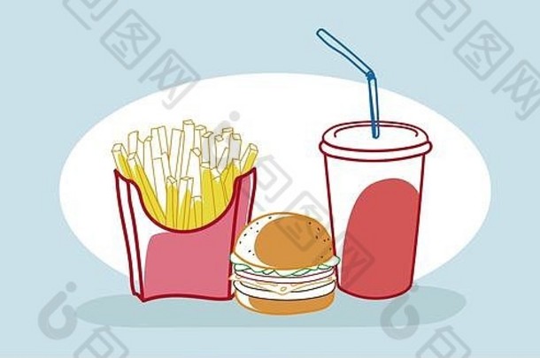 美味汉堡薯条和苏打水快餐集经典美式快餐手绘素描风格水平