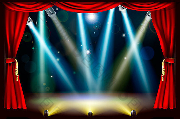 带有彩色聚光灯和红色舞台窗帘的聚光灯剧院舞台