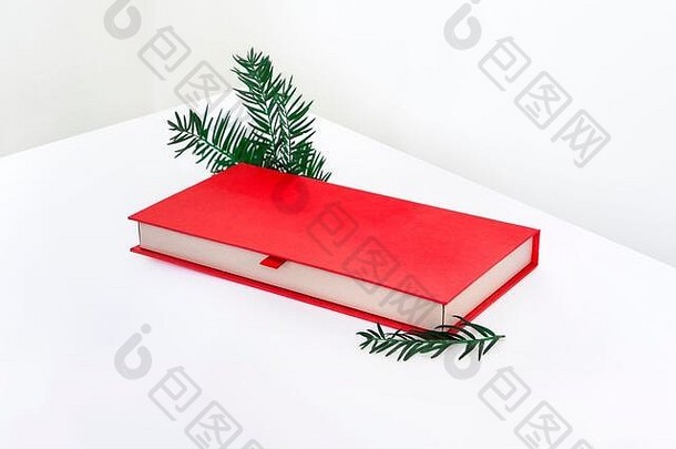 白色背景上有松叶的红色圣诞礼物盒和礼品卡