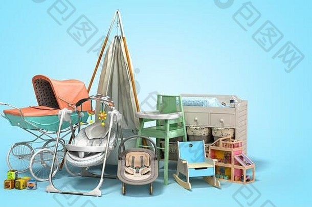 儿童用品儿童家具和配件蓝色渐变3d渲染