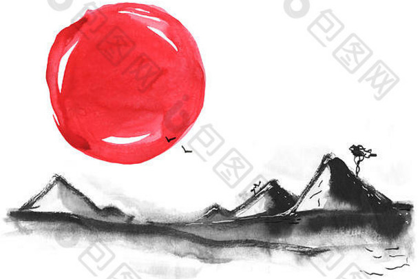 日本风格的山脉。水彩手绘插图