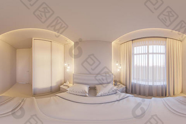 3d渲染360度球形，白色卧室的无缝全景