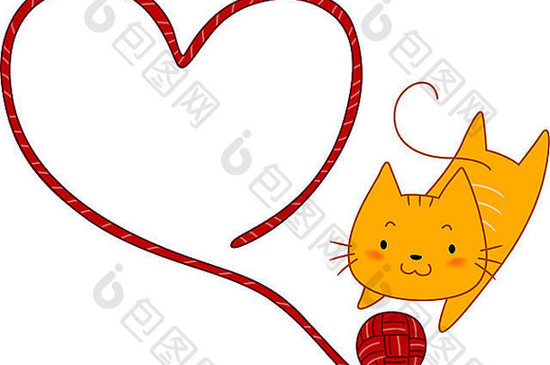 一只猫玩一团纱线的插图