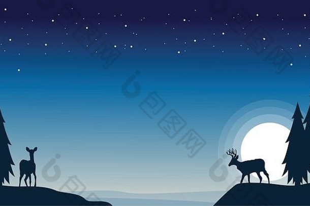 夜晚驯鹿的圣诞风景