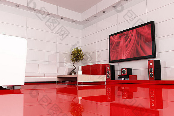 红色的白色生活房间首页剧院图像屏幕图像呈现