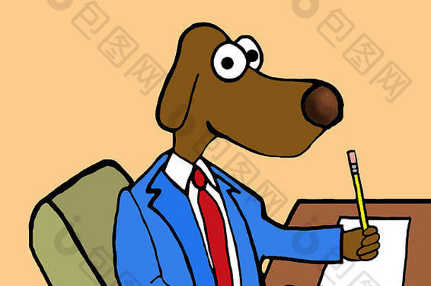 彩色商务插图，商务犬坐在办公桌旁写字。