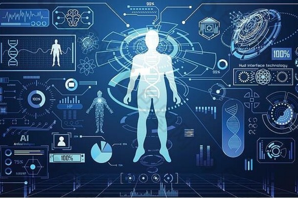 抽象技术ui未来概念hud界面全息图数字数据图表、通信、计算、人体数字健康ca元素