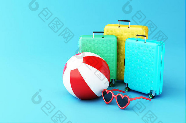三维插图。带沙滩球和太阳镜的旅行箱。夏季旅游概念。