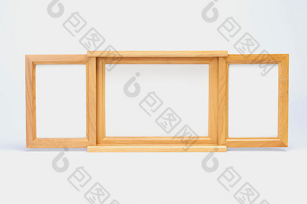 白色背景上的三个木制画框。两个尺寸的木制相框。