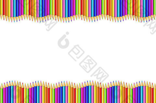 白色背景上用彩色木铅笔排成的双波浪形边框。返回学校框架边框或带有空副本的相框