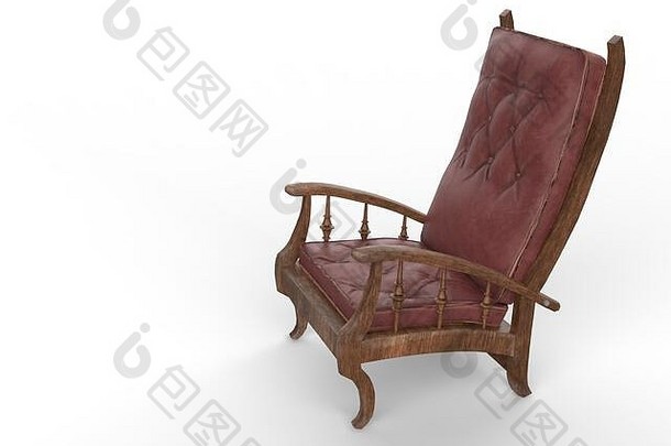 独立舒适的皮革木沙发椅设计立体背景装饰古董舒适家具3D插图