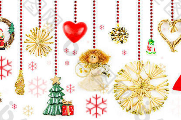 圣诞节装饰挂红色的链白色背景多色雪片