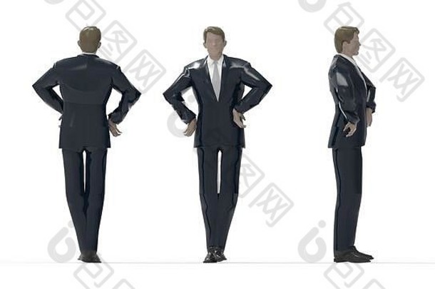 一个商人在白色背景上穿着隔离服摆姿势的3D渲染