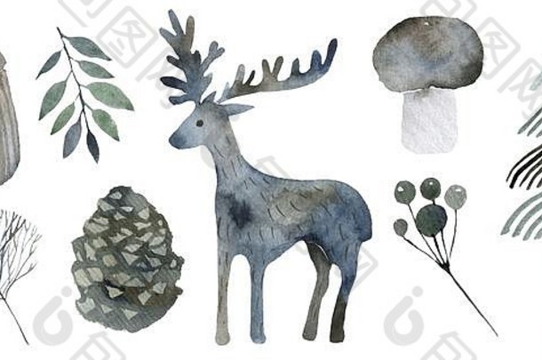 可爱的森林水彩符号伍迪景观斯堪的那维亚装饰插图