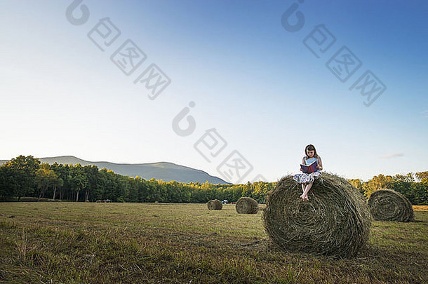 美国纽约州干草捆女孩坐在捆顶上