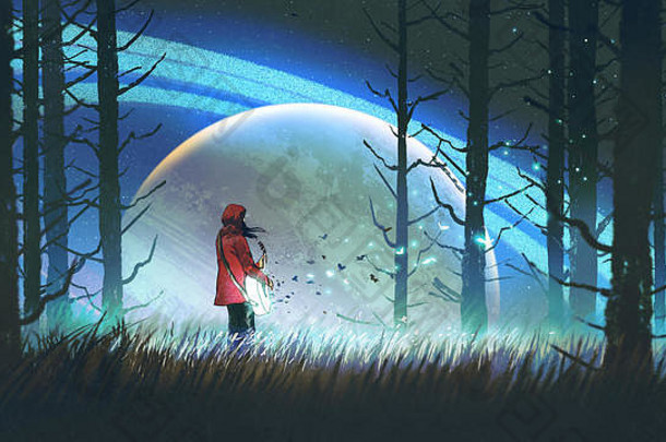 年轻女子在森林中弹奏魔术吉他的夜景，背景是发光的星球，数字艺术风格，插图绘画