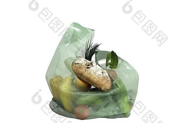 用于产品的塑料袋中的新鲜食品3d渲染白色无阴影