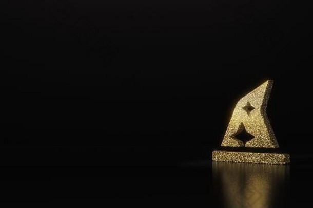 巫师帽子的金色闪光符号，带星星，在黑色背景上进行3D渲染，模糊反射，闪烁