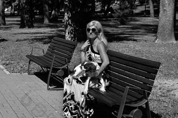 灰度图像女人持有狗休息板凳上公共公园