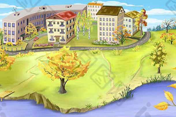 秋天景观小城市河数字绘画全景背景插图