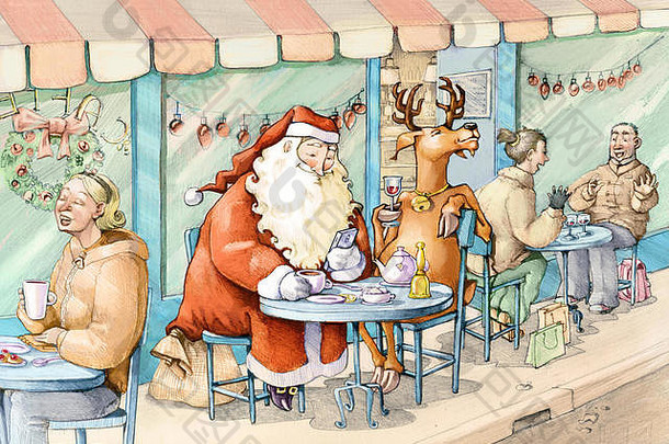 圣诞老人和他的驯鹿在小酒馆里和普通人一起休息