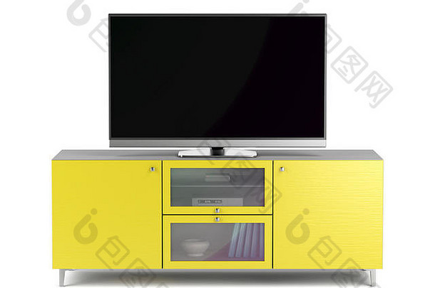 现代黄色电视柜上的黑屏电视