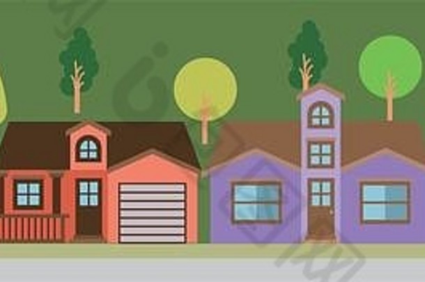 五颜六色的风景剪影与乡村相邻的房屋