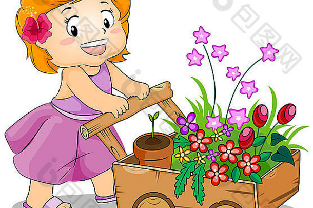 一个年轻女孩推着一车花的插图