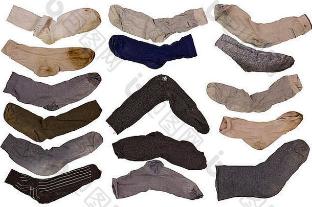 穿断断续续的纯粹的洗复古的男人的袜子集孤立的拼贴画照片