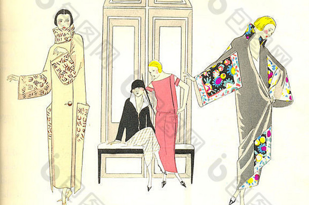 1923年4月由Art Gout Beaute制作的手绘法国时装盘，展示下午的时装女装和披风