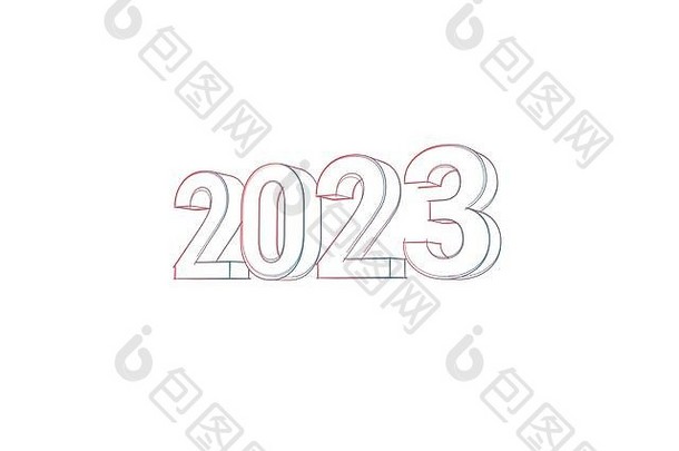 2023年-3D-三维文本。带有彩色线条的文字，平铺在白色上，橙色。每个都有不同的关键字。